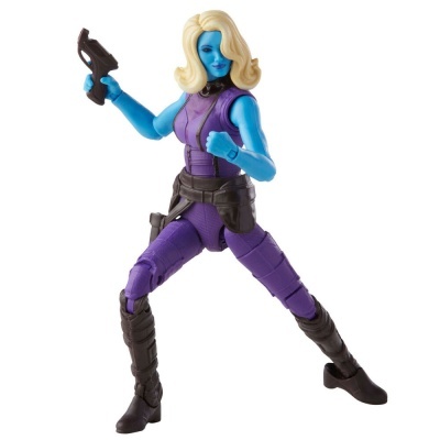 Figura de ação feminina azul com fato roxo e botas pretas segurando arma