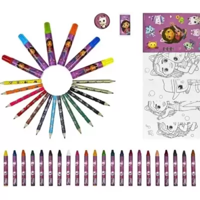 Conjunto de material de desenho com lápis de cor, marcador, lápis de cera, borrachas e página para colorir