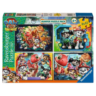 Caixa de puzzles Ravensburger PAW Patrol The Dino Movie com 4 puzzles de 42 peças cada.