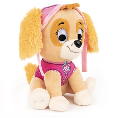 Boneco de pelúcia de cão com roupa rosa e lilás