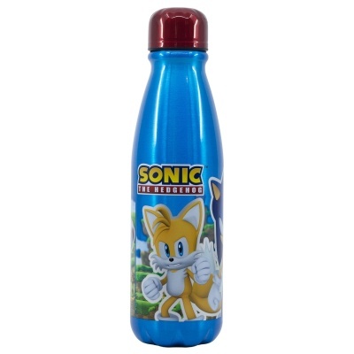 Garrafa metálica azul com personagem Tails e texto Sonic the Hedgehog