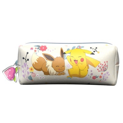 Estojo branco com desenhos de Eevee e Pikachu e flores