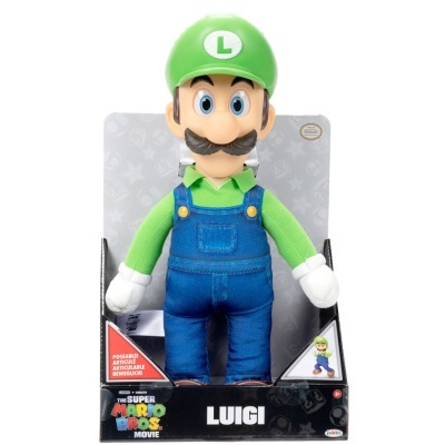 Boneco de peluche Luigi com fato azul e boné verde na embalagem