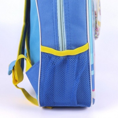 Mochila infantil azul com bolso lateral em malha e fecho cinza