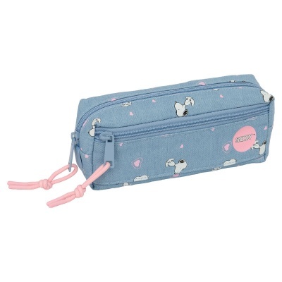 Estojo escolar azul claro com padrão de Snoopy e corações rosa, fechos de correr azuis com cordas rosa e etiqueta SNOOPY TM