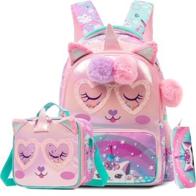Conjunto rosa de mochila, saco de almoço e estojo com tema de unicórnio e gato
