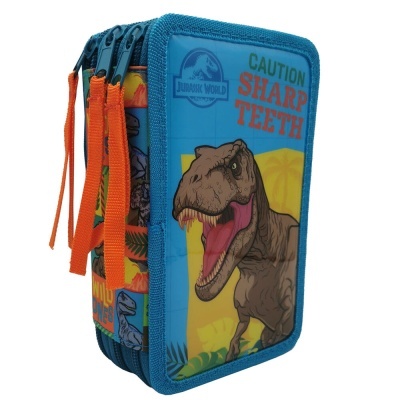 Estojo escolar azul com estampa de dinossauro e zippers laranja