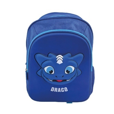 Mochila azul com estampa frontal de dragão e texto DRACO
