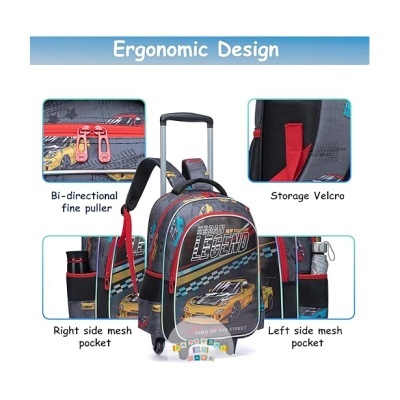 Mochila com rodas infantil cinza com carros amarelos e bolsos em rede