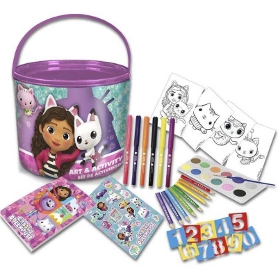 Conjunto de arte e atividades com balde violeta e materiais de pintura e desenho