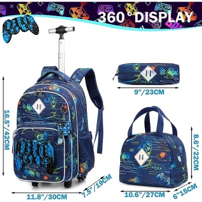 Conjunto escolar azul com padrão de videojogos, mochila de rodinhas, estojo e bolsa térmica com dimensões mostradas