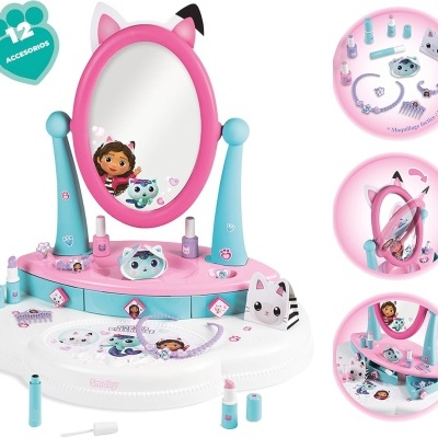 Espelho de maquilhagem infantil rosa e azul com orelhas de gato e 12 acessórios.