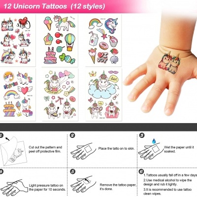 Tatuagens temporárias de unicórnios coloridas com instruções de aplicação