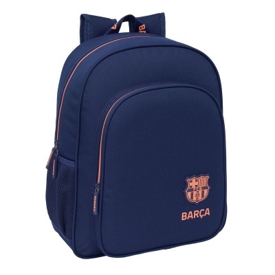 Mochila azul escura com detalhes laranja e emblema Barça