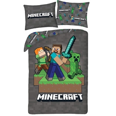 Conjunto de cama Minecraft com personagens e logo em tons cinza, verde e azul