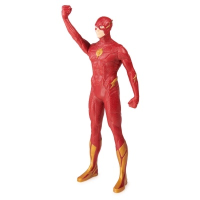 Figura de ação de super-herói vermelho com detalhes amarelos e braço direito levantado