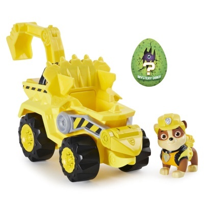 Brinquedo de veículo de construção amarelo com figura de cão e ovo verde mystery dino