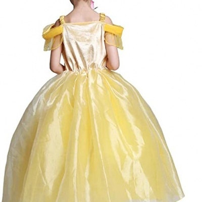 Vestido amarelo de princesa para criança revelando a parte traseira