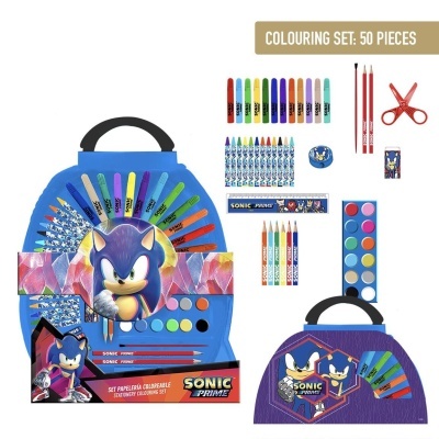 Conjunto de desenho Sonic Prime com 50 peças em estojo mochila azul e roxa