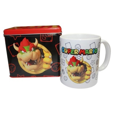 Caneca branca de Super Mario com caixa metálica preta e vermelha