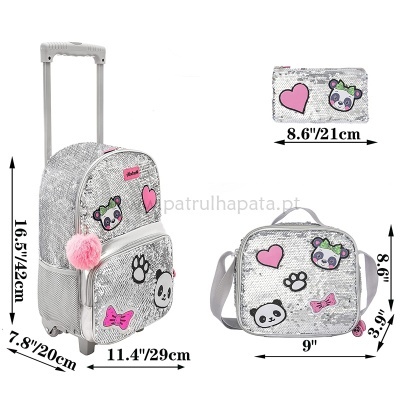 Conjunto de malas infantil prateadas com desenhos de panda e coração cor-de-rosa