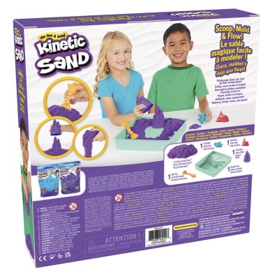 Caixa do brinquedo Kinetic Sand com moldes e areia roxa e cinzenta