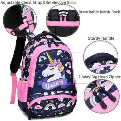 Mochila azul escuro e rosa com estampa de unicórnio e arco-íris.