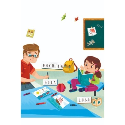 Ilustração de aula com criança, professor, mochila, bola e cubo com letras