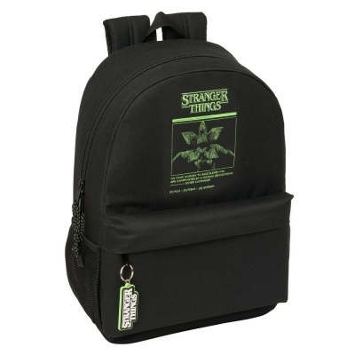 Mochila preta Stranger Things com estampa verde e porta-chaves