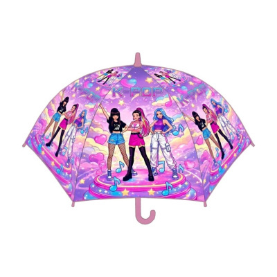 Guarda-chuva rosa com ilustração de raparigas em estilo anime K-POP e notas musicais