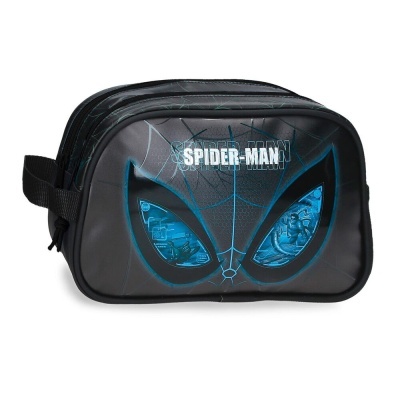Necessaire preta Spider-Man com detalhes azuis e texto na frente
