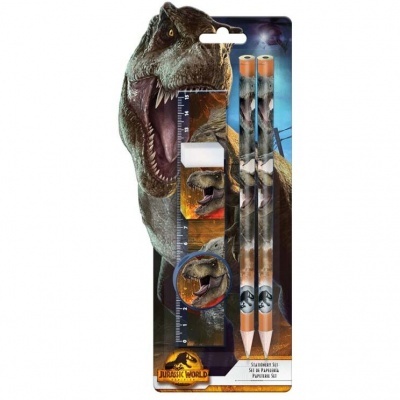 Conjunto escolar Jurassic World com régua e lápis decorados com dinossauros