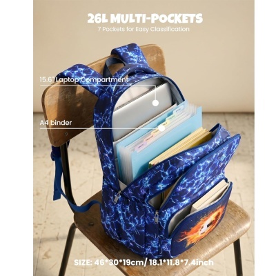 Mochila azul com padrão de relâmpagos e vários bolsos