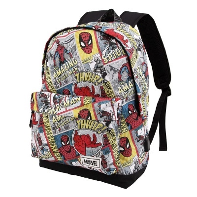 Mochila estampada com desenho de banda desenhada do Homem-Aranha e texto Marvel