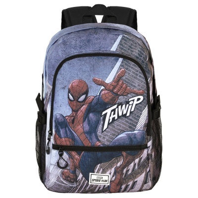 Mochila azul com estampa do Homem-Aranha e texto THWIP