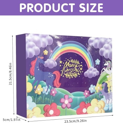 Caixa decorativa com unicórnios e arco-íris, texto Merry Christmas