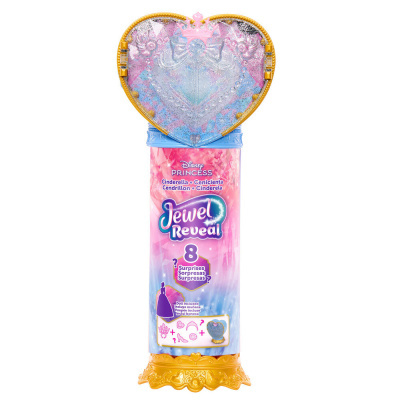 Embalagem Disney Princess Jewel Reveal com tampa coração azul e dourada e texto sobre surpresas