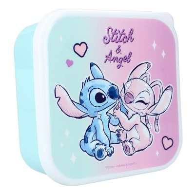 Lata quadrada com tampa decorada com personagens Stitch e Angel em tons de azul e rosa