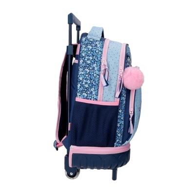 Mochila de rodinhas azul floral com detalhes cor-de-rosa e bola rosa