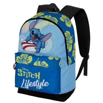 Mochila azul com estampa do Stitch da Disney e texto 'Disney Stitch Lifestyle'