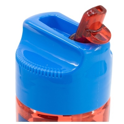 Garrafa desportiva azul com bocal vermelho e corpo laranja.