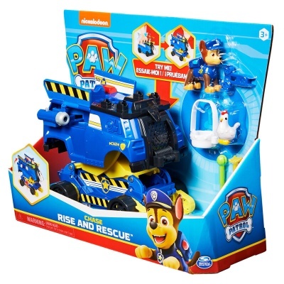 Brinquedo PAW Patrol Chase veículo azul e figura do cão Chase em embalagem colorida.