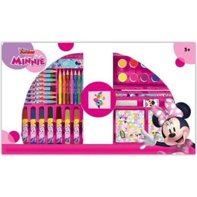 Conjunto de desenho infantil com tema Minnie Mouse, muitos lápis de cor, tinta, pincel, em embalagem rosa