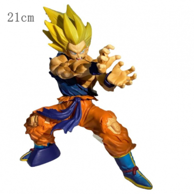 Figura de ação com cabelo amarelo e roupa laranja em pose de ataque