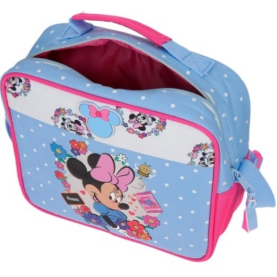 Mala infantil azul com padrão de bolinhas brancas e imagem da Minnie Mouse com flores