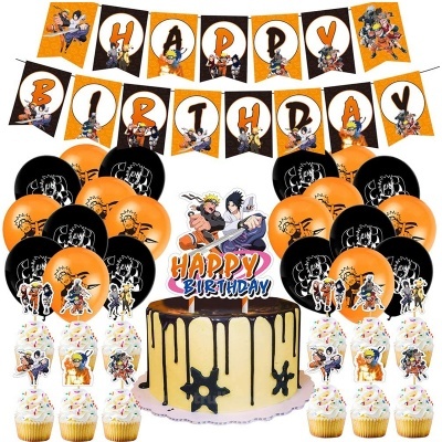 Decoração de festa de aniversário Naruto com balões, bandeirola, bolo e cupcakes