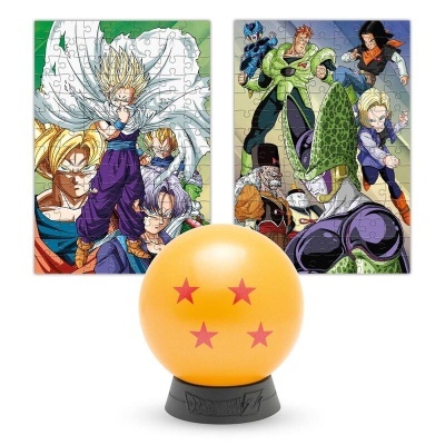 Dois puzzles de Dragon Ball com vários personagens e uma esfera laranja com quatro estrelas