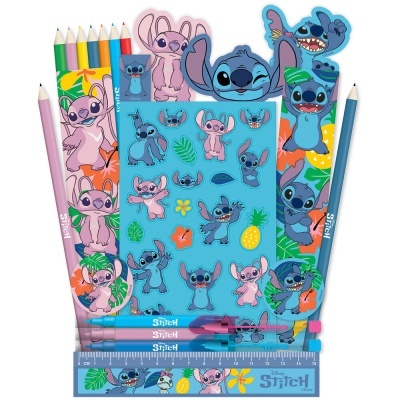 Material escolar com personagens do Stitch em azul, rosa e verde