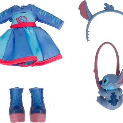 Conjunto de roupa e acessórios para boneca com vestido, botas, faixa de cabelo e mochila do Stitch.