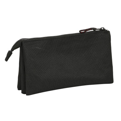 Estojo escolar preto com fecho de correr e três compartimentos